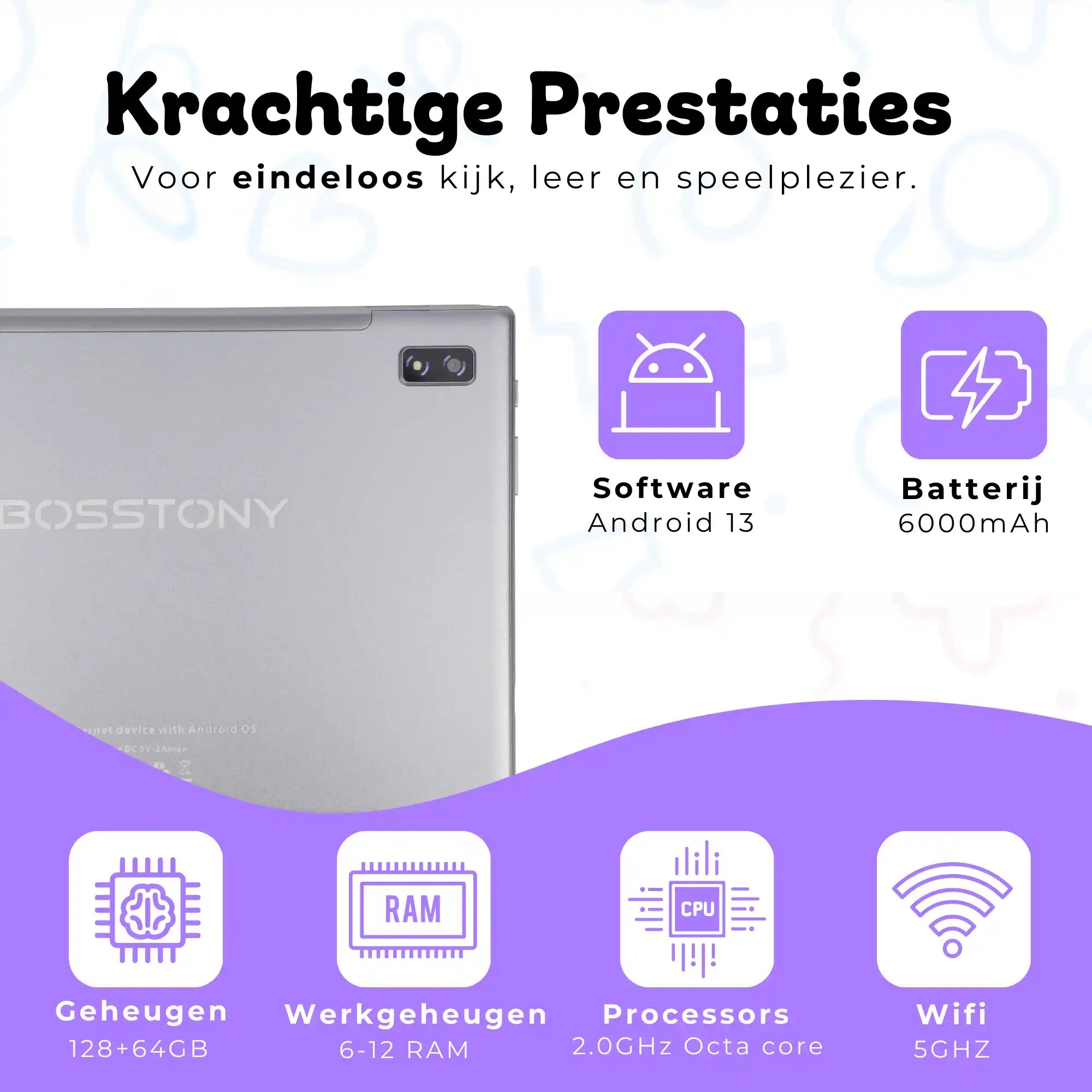 Bosstony kids tablet paars fidget krachtige prestaties android 13 octacore 6gb 12gb ram 2ghz 128gb