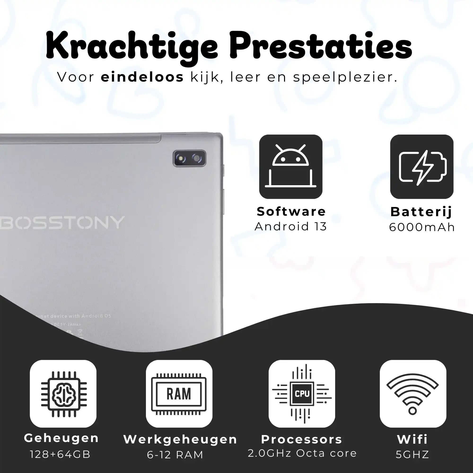 Bosstony kids tablet zwart krachtige prestaties android 13 octacore 6gb 12gb ram 2ghz 128gb