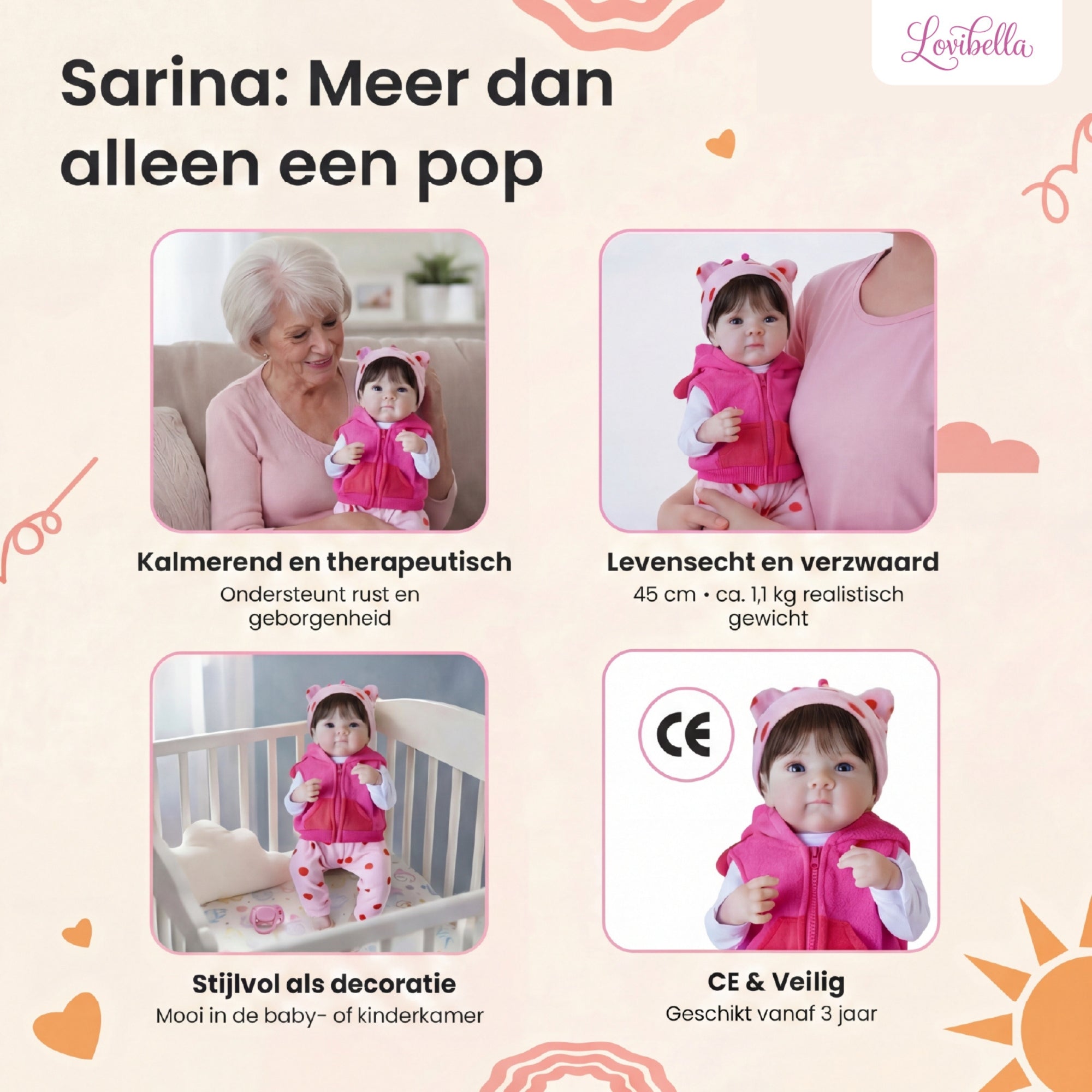 Sarina – Levensechte Reborn Pop 45 cm – Complete Set