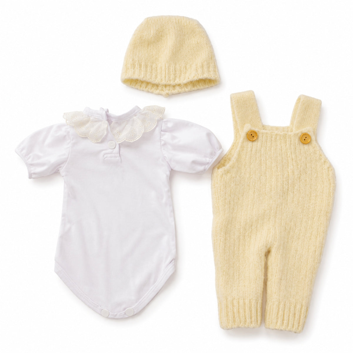 Lovibella Reborn Kleding Set 45 cm – 3-delig met Witte Romper, Geel Broekje & Geel Mutsje
